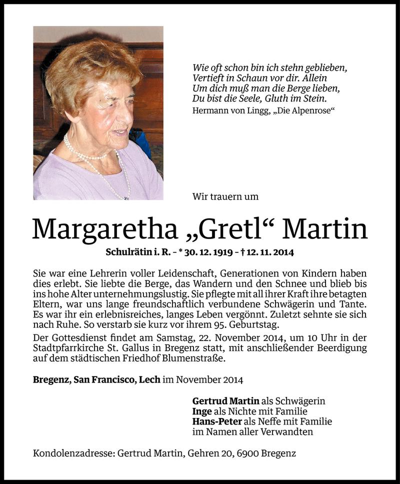  Todesanzeige für Margaretha Martin vom 18.11.2014 aus Vorarlberger Nachrichten