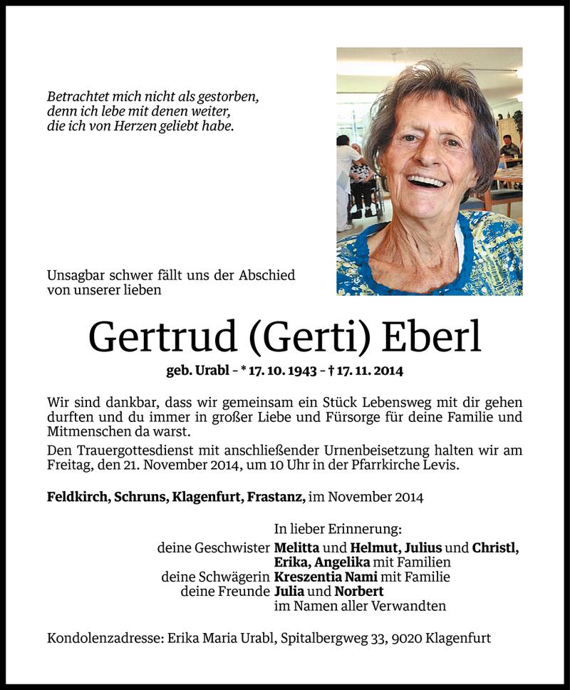 Todesanzeigen von Gertrud Eberl | Todesanzeigen Vorarlberger Nachrichten