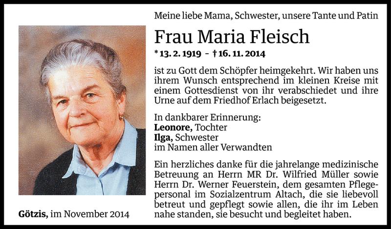  Todesanzeige für Maria Fleisch vom 21.11.2014 aus Vorarlberger Nachrichten