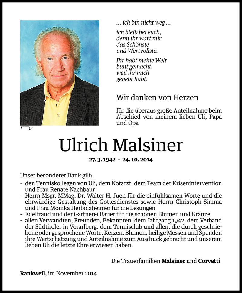  Todesanzeige für Ulrich Malsiner vom 21.11.2014 aus Vorarlberger Nachrichten