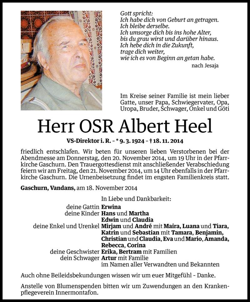  Todesanzeige für Albert Heel vom 19.11.2014 aus Vorarlberger Nachrichten