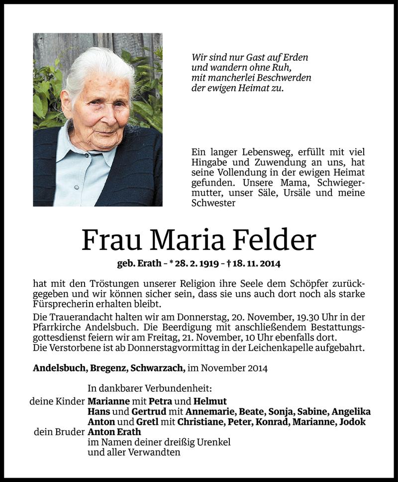  Todesanzeige für Maria Felder vom 19.11.2014 aus Vorarlberger Nachrichten