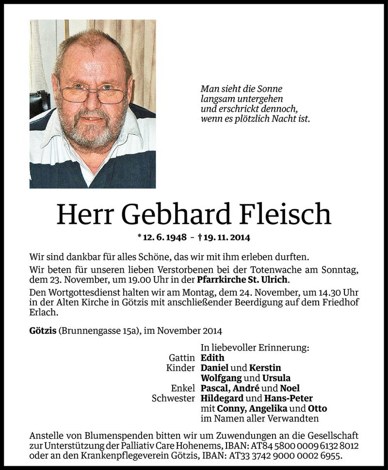  Todesanzeige für Gebhard Fleisch vom 22.11.2014 aus Vorarlberger Nachrichten