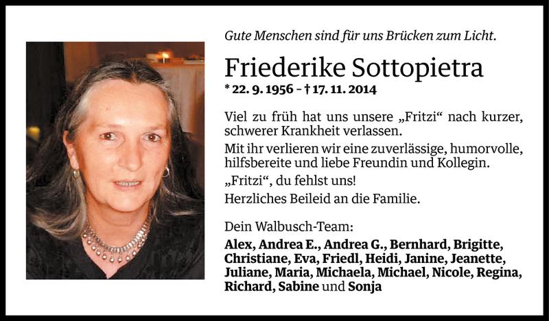  Todesanzeige für Friederike Sottopietra vom 21.11.2014 aus Vorarlberger Nachrichten