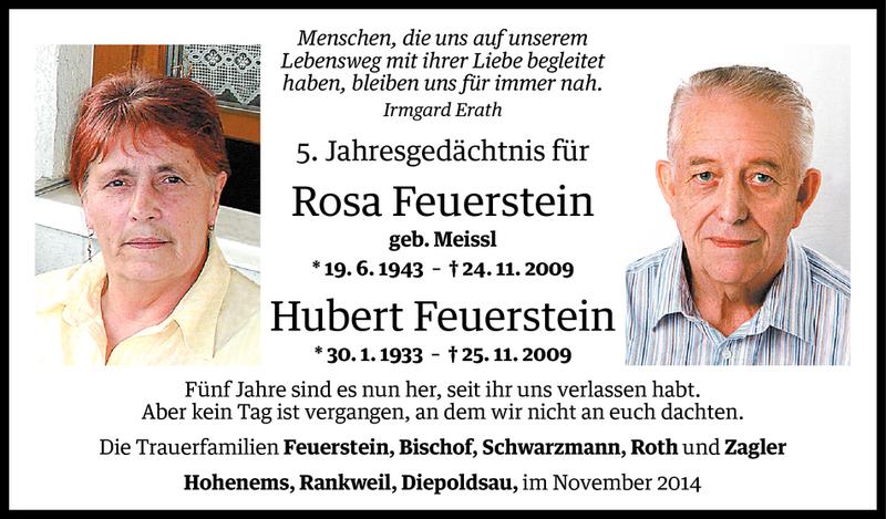  Todesanzeige für Rosa und Hubert Feuerstein vom 24.11.2014 aus Vorarlberger Nachrichten