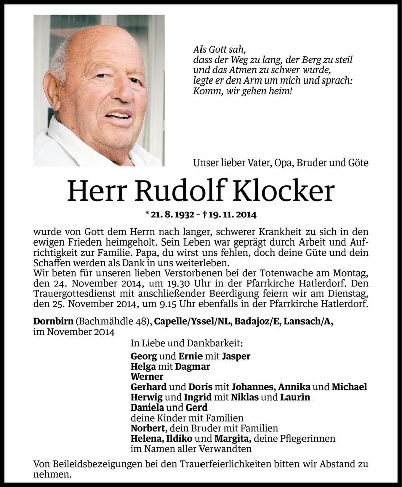  Todesanzeige für Rudolf Klocker vom 21.11.2014 aus Vorarlberger Nachrichten