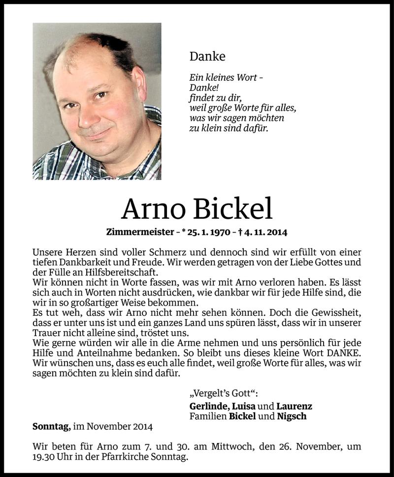  Todesanzeige für Arno Bickel vom 21.11.2014 aus Vorarlberger Nachrichten