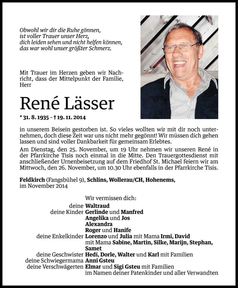  Todesanzeige für Rene Lässer vom 21.11.2014 aus Vorarlberger Nachrichten