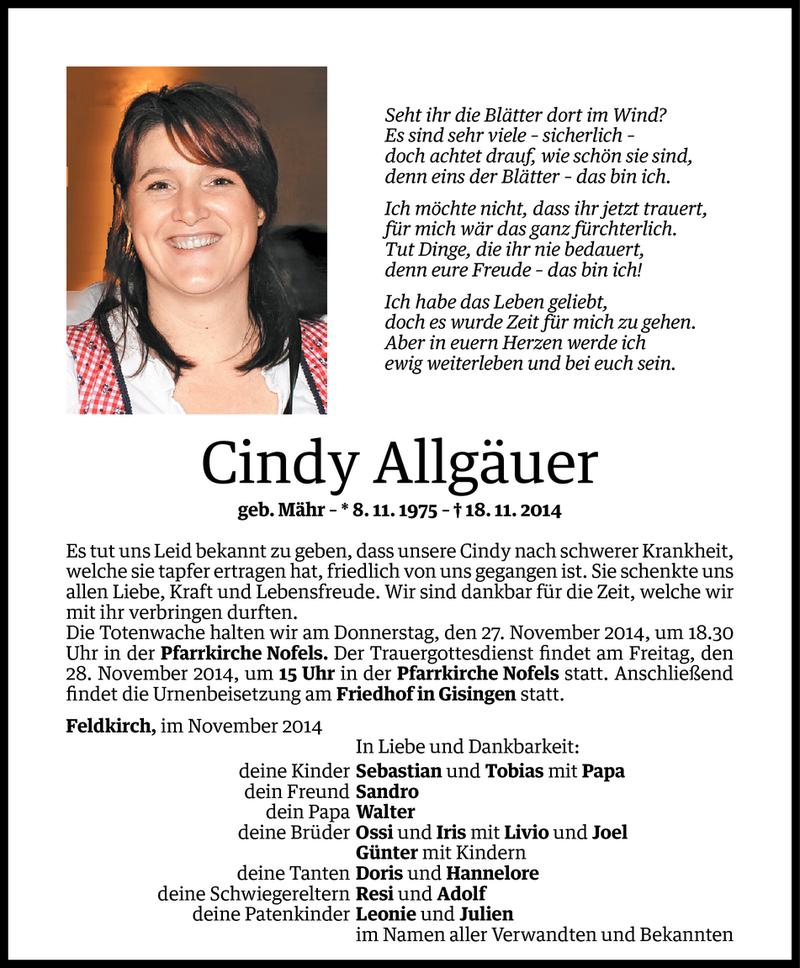  Todesanzeige für Cindy Allgäuer vom 21.11.2014 aus Vorarlberger Nachrichten