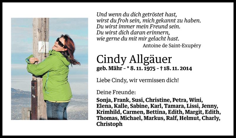  Todesanzeige für Cindy Allgäuer vom 21.11.2014 aus Vorarlberger Nachrichten