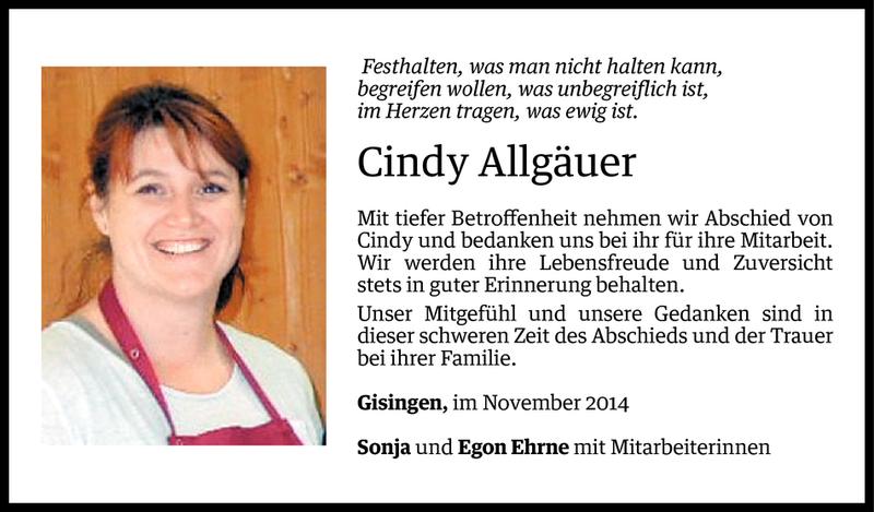  Todesanzeige für Cindy Allgäuer vom 21.11.2014 aus Vorarlberger Nachrichten