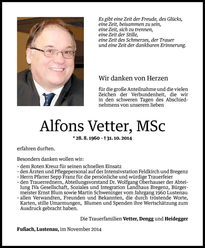  Todesanzeige für Alfons Vetter vom 22.11.2014 aus Vorarlberger Nachrichten