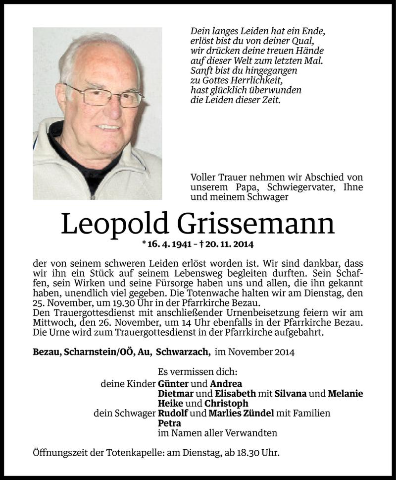  Todesanzeige für Leopold Grissemann vom 23.11.2014 aus Vorarlberger Nachrichten