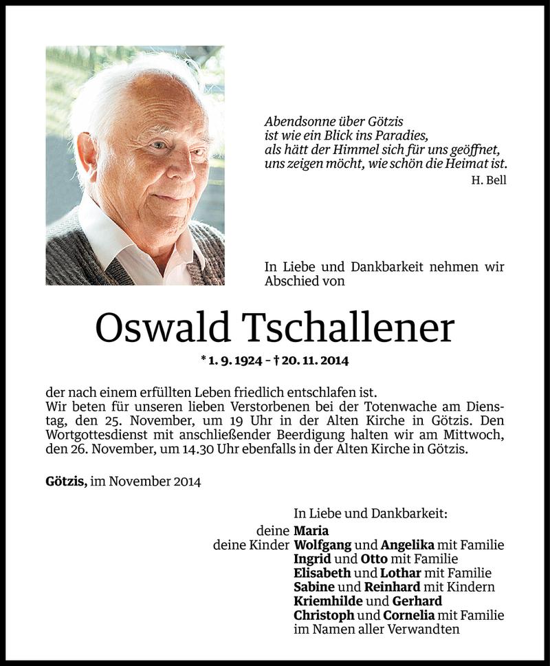  Todesanzeige für Oswald Tschallener vom 23.11.2014 aus Vorarlberger Nachrichten