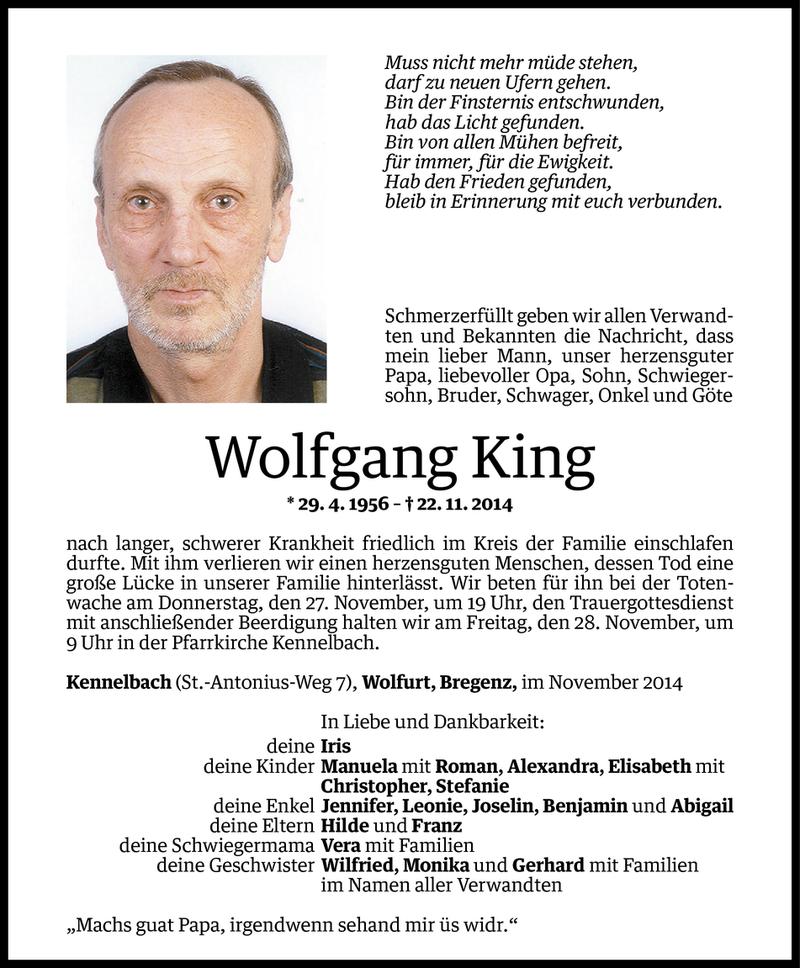  Todesanzeige für Wolfgang King vom 23.11.2014 aus Vorarlberger Nachrichten