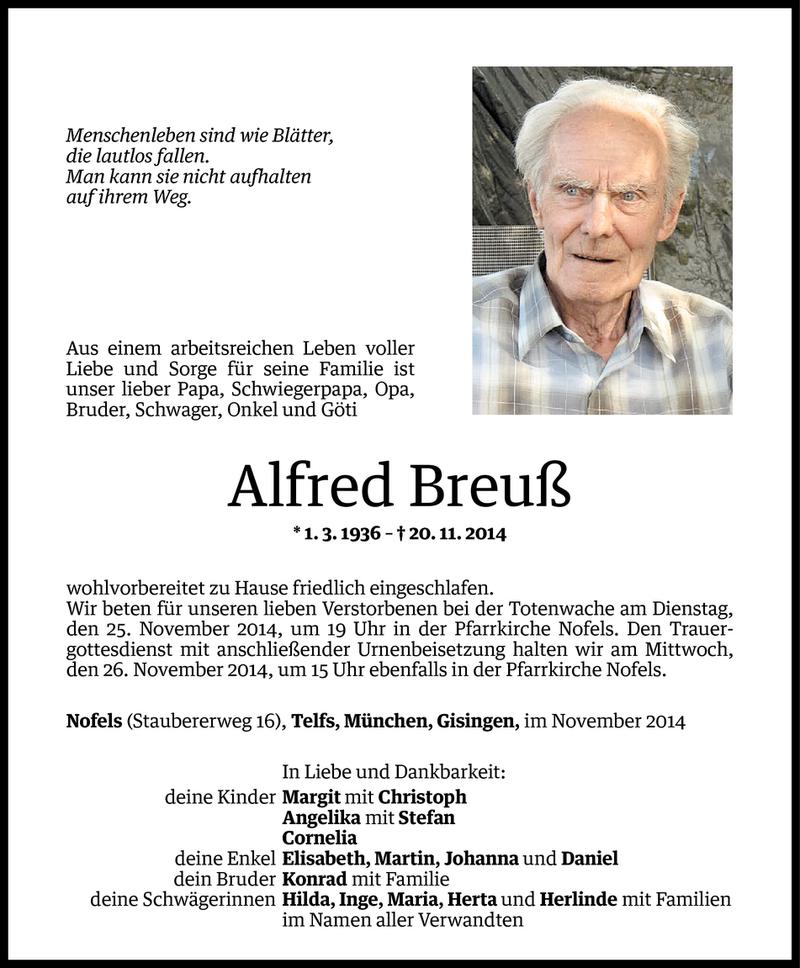  Todesanzeige für Alfred Breuß vom 23.11.2014 aus Vorarlberger Nachrichten