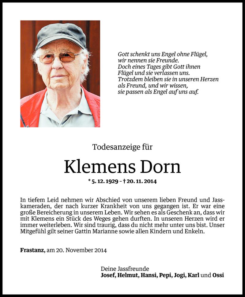  Todesanzeige für Klemens Dorn vom 23.11.2014 aus Vorarlberger Nachrichten