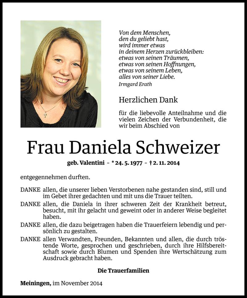  Todesanzeige für Daniela Schweizer vom 29.11.2014 aus Vorarlberger Nachrichten