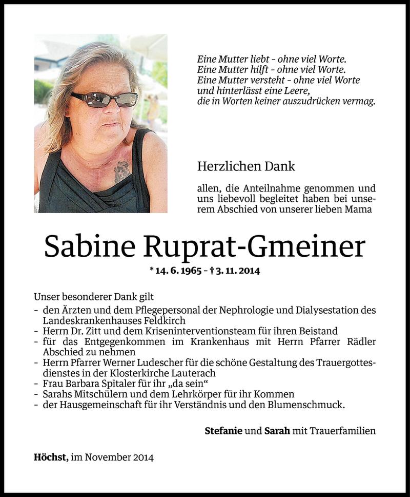  Todesanzeige für Sabine Ruprat-Gmeiner vom 24.11.2014 aus Vorarlberger Nachrichten