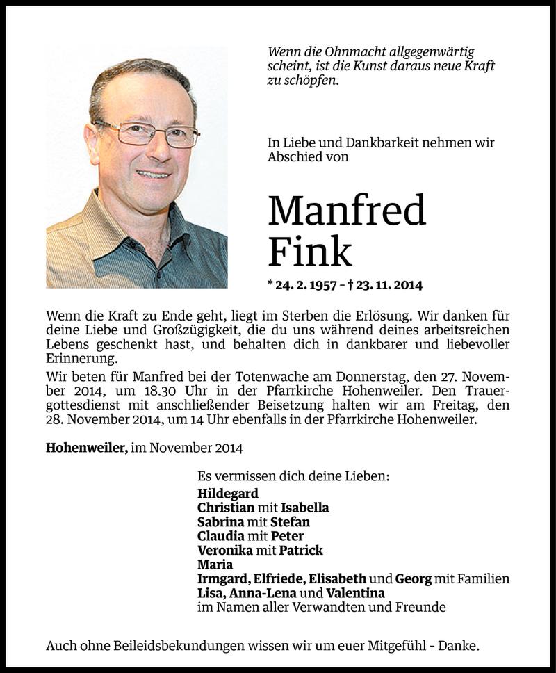  Todesanzeige für Manfred Fink vom 25.11.2014 aus Vorarlberger Nachrichten