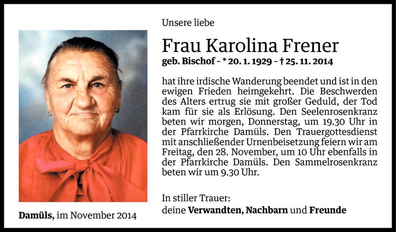  Todesanzeige für Karolina Frener vom 25.11.2014 aus Vorarlberger Nachrichten