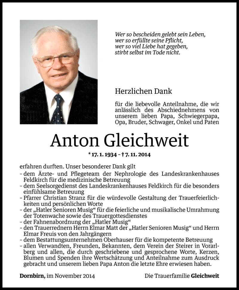  Todesanzeige für Anton Gleichweit vom 25.11.2014 aus Vorarlberger Nachrichten