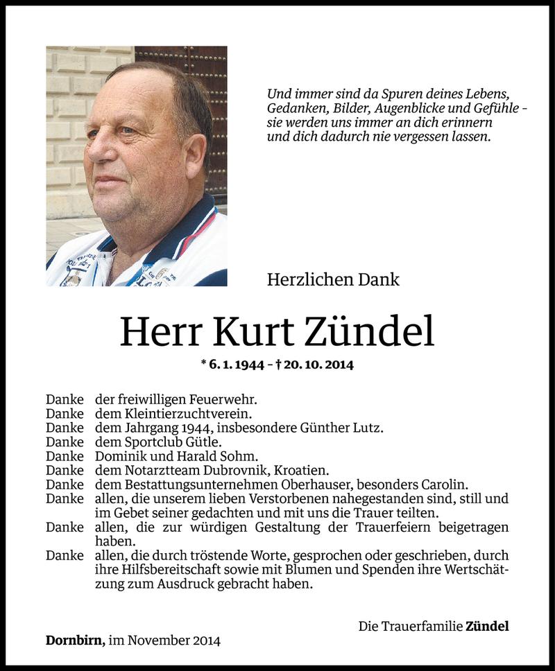  Todesanzeige für Kurt Zündel vom 25.11.2014 aus Vorarlberger Nachrichten