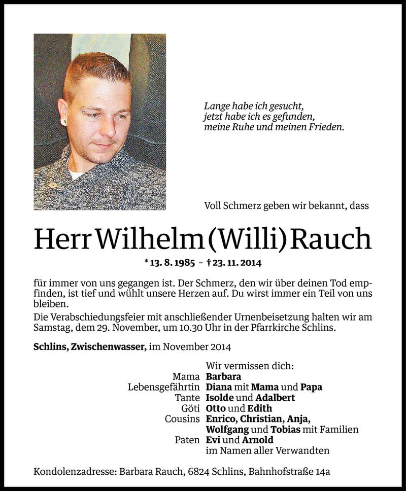  Todesanzeige für Wilhelm Rauch vom 27.11.2014 aus Vorarlberger Nachrichten