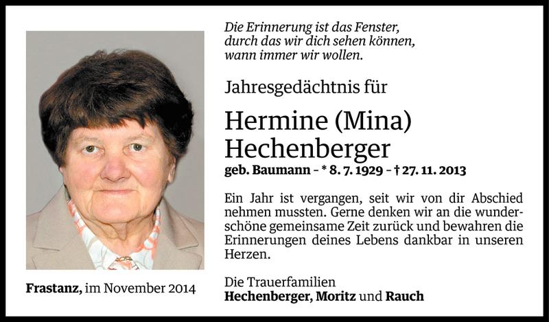  Todesanzeige für Hermine Hechenberger vom 26.11.2014 aus Vorarlberger Nachrichten