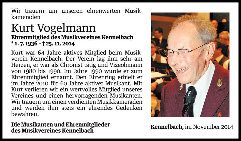  Todesanzeige für Kurt Vogelmann vom 26.11.2014 aus Vorarlberger Nachrichten