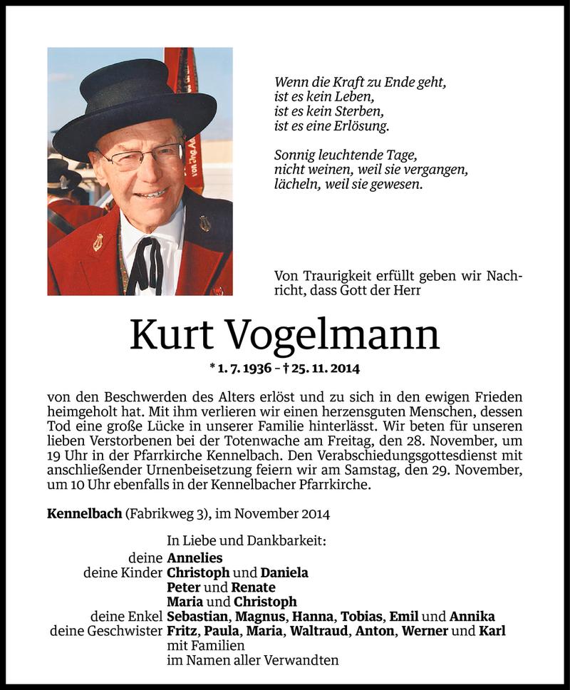  Todesanzeige für Kurt Vogelmann vom 26.11.2014 aus Vorarlberger Nachrichten