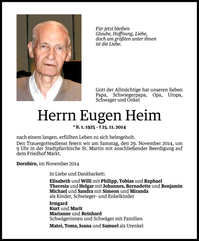  Todesanzeige für Eugen Heim vom 26.11.2014 aus Vorarlberger Nachrichten