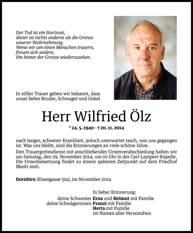  Todesanzeige für Wilfried Ölz vom 27.11.2014 aus Vorarlberger Nachrichten