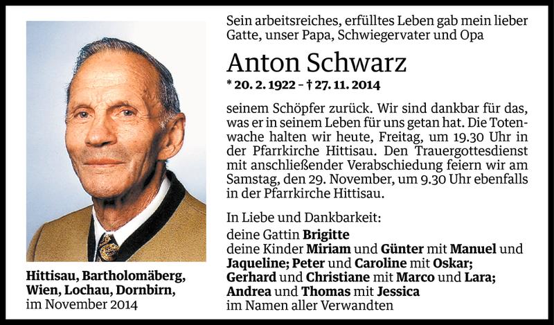  Todesanzeige für Anton Schwarz vom 27.11.2014 aus Vorarlberger Nachrichten