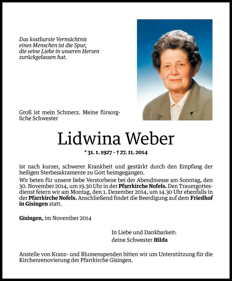  Todesanzeige für Lidwina Weber vom 28.11.2014 aus Vorarlberger Nachrichten