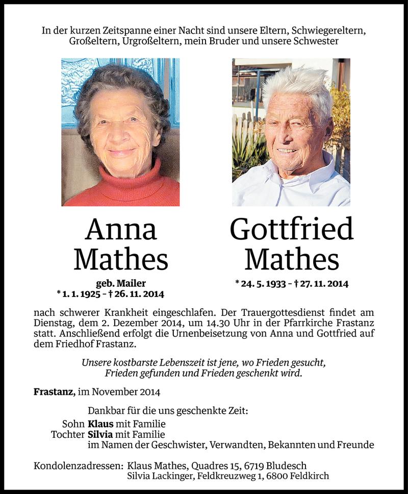  Todesanzeige für Anna und Gottfried Mathes vom 28.11.2014 aus Vorarlberger Nachrichten