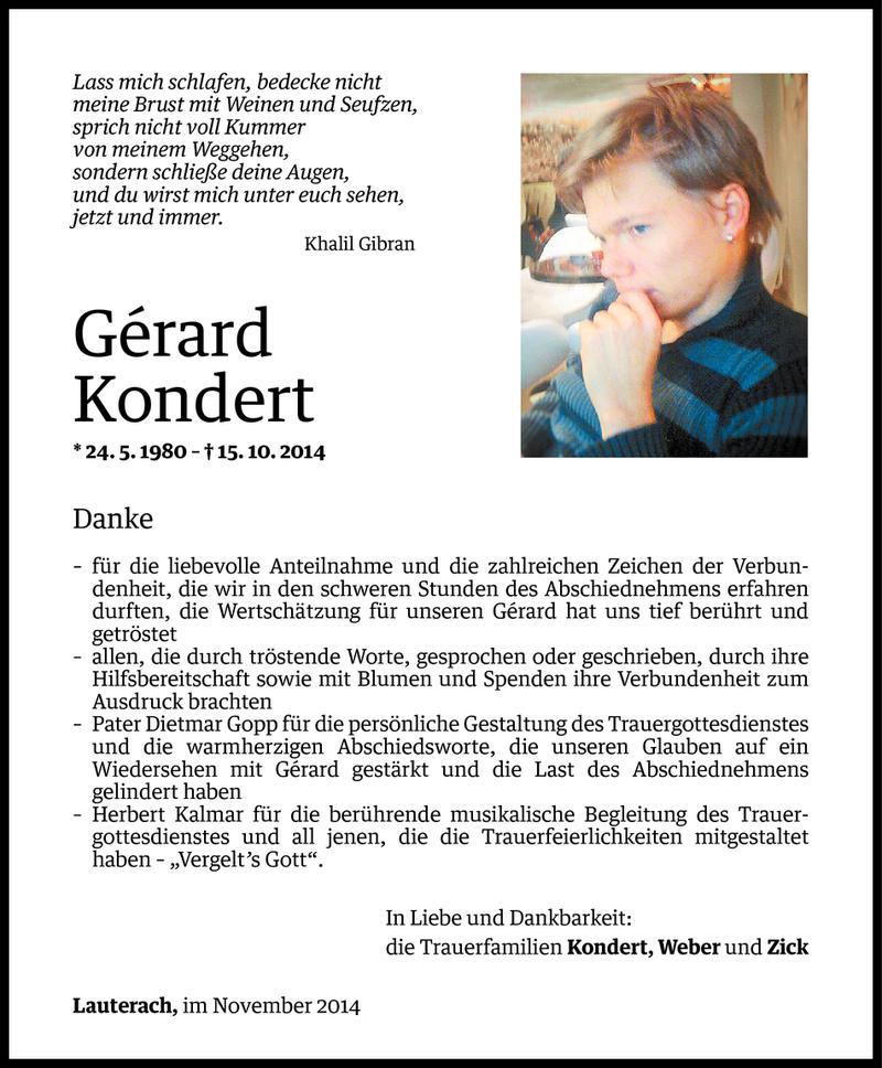  Todesanzeige für Gerard Kondert vom 28.11.2014 aus Vorarlberger Nachrichten