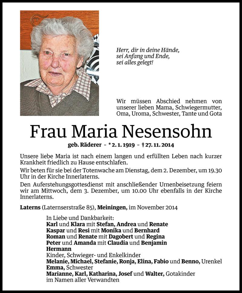  Todesanzeige für Maria Nesensohn vom 29.11.2014 aus Vorarlberger Nachrichten