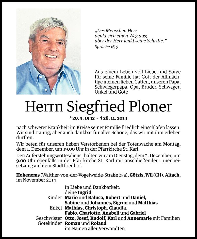  Todesanzeige für Siegfried Ploner vom 29.11.2014 aus Vorarlberger Nachrichten
