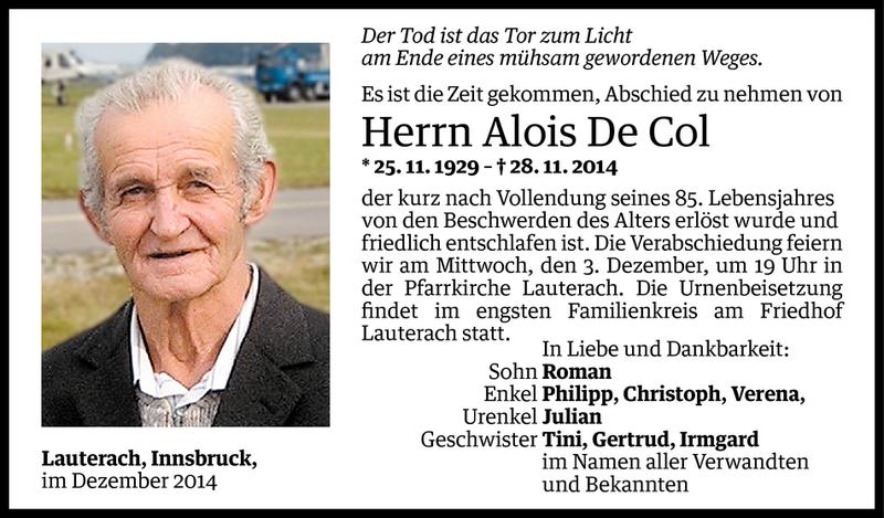  Todesanzeige für Alois De Col vom 30.11.2014 aus Vorarlberger Nachrichten