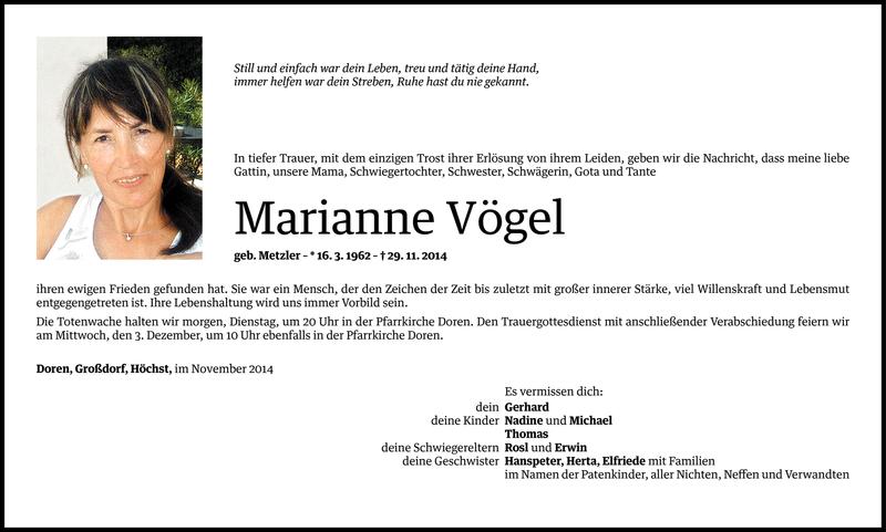  Todesanzeige für Marianne Vögel vom 30.11.2014 aus Vorarlberger Nachrichten