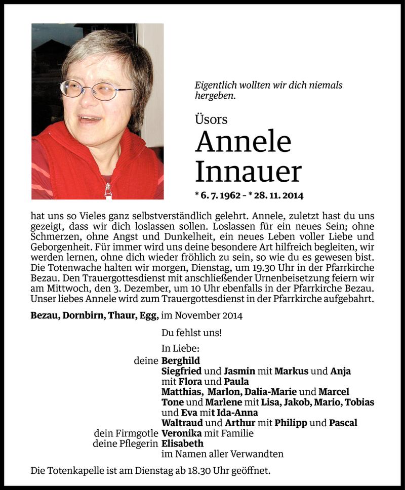  Todesanzeige für Annele Innauer vom 30.11.2014 aus Vorarlberger Nachrichten