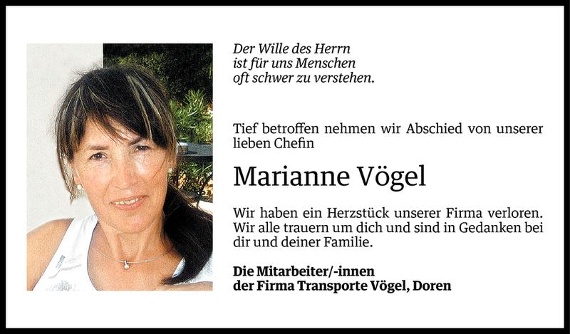  Todesanzeige für Marianne Vögel vom 30.11.2014 aus Vorarlberger Nachrichten