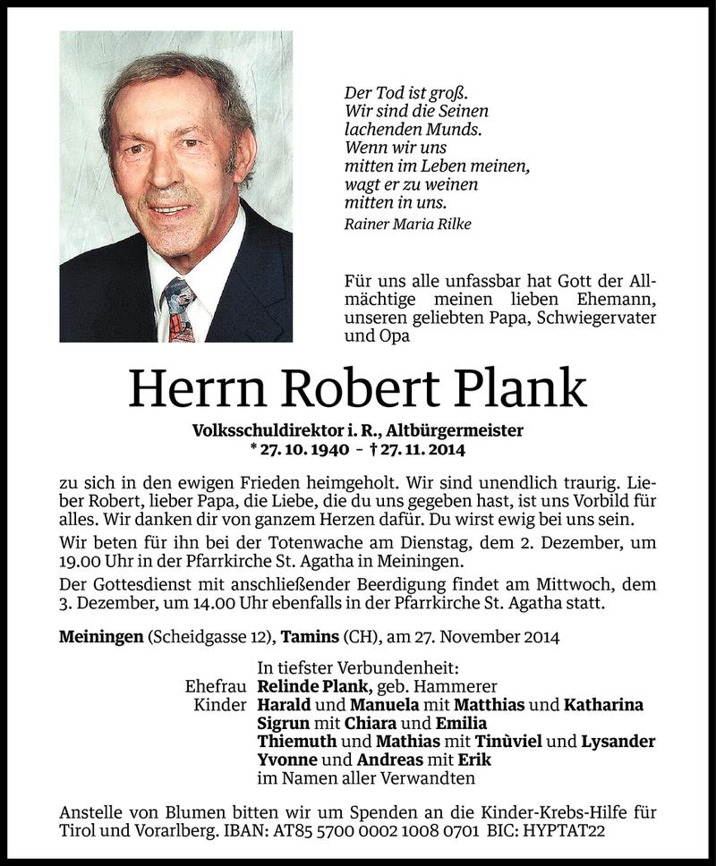  Todesanzeige für Robert Plank vom 01.12.2014 aus Vorarlberger Nachrichten
