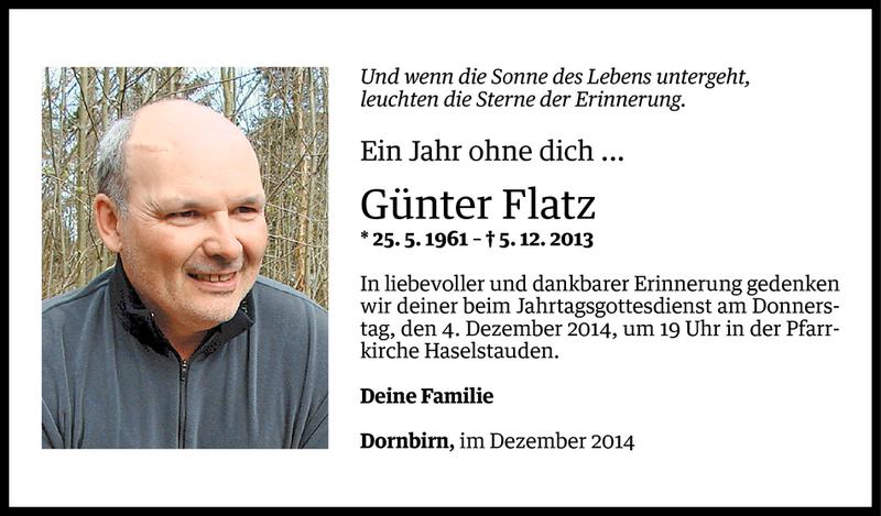  Todesanzeige für Günter Flatz vom 01.12.2014 aus Vorarlberger Nachrichten