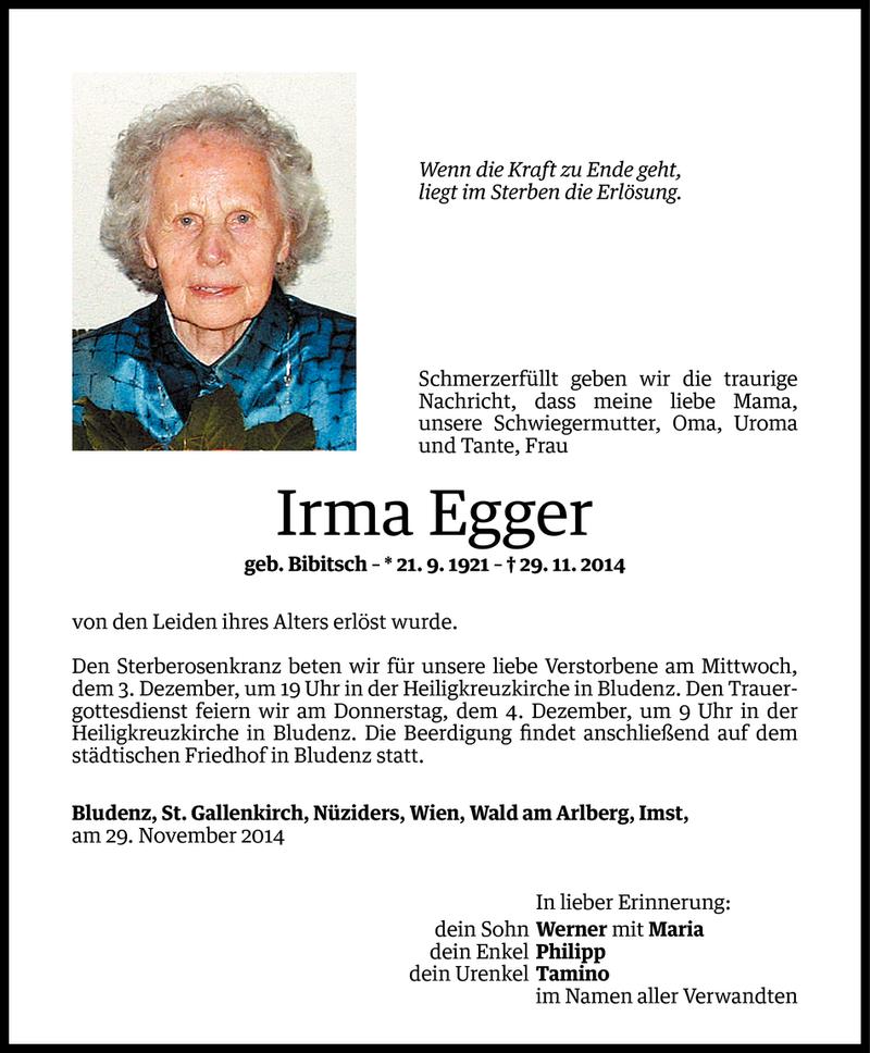  Todesanzeige für Irma Egger vom 01.12.2014 aus Vorarlberger Nachrichten