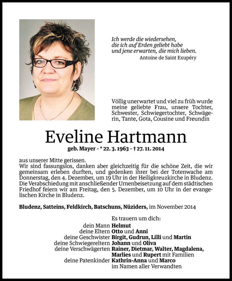  Todesanzeige für Eveline Hartmann vom 02.12.2014 aus Vorarlberger Nachrichten