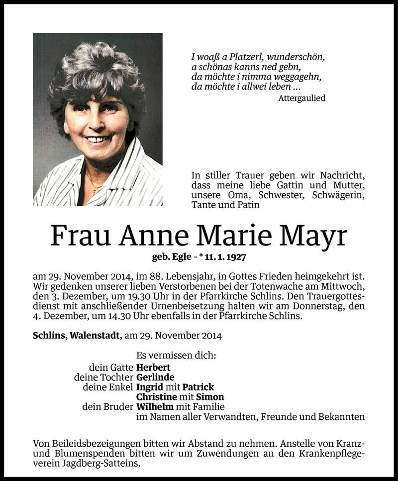  Todesanzeige für Anne Marie Mayr vom 01.12.2014 aus Vorarlberger Nachrichten