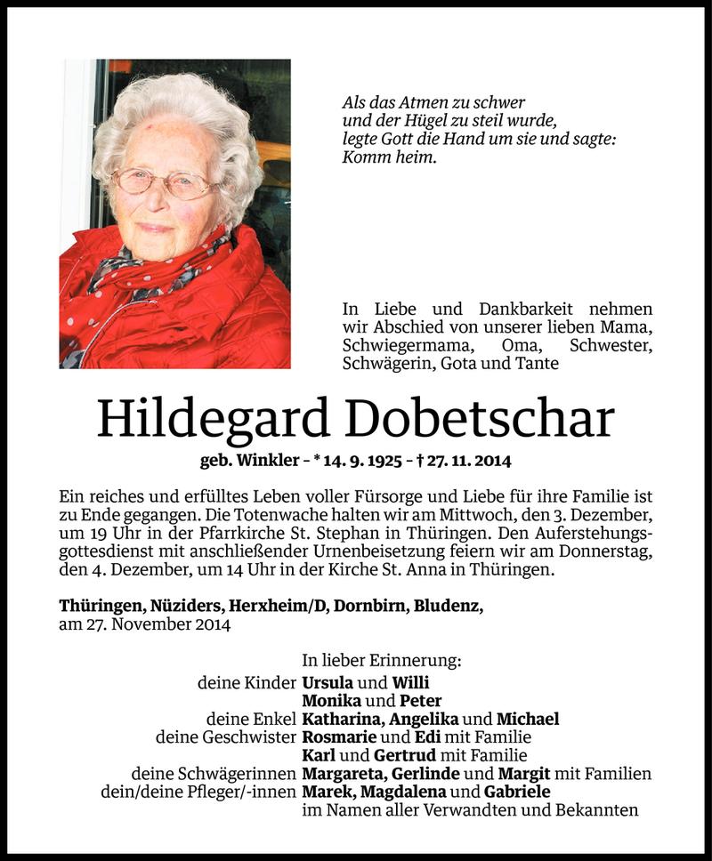  Todesanzeige für Hildegard Dobetschar vom 01.12.2014 aus Vorarlberger Nachrichten