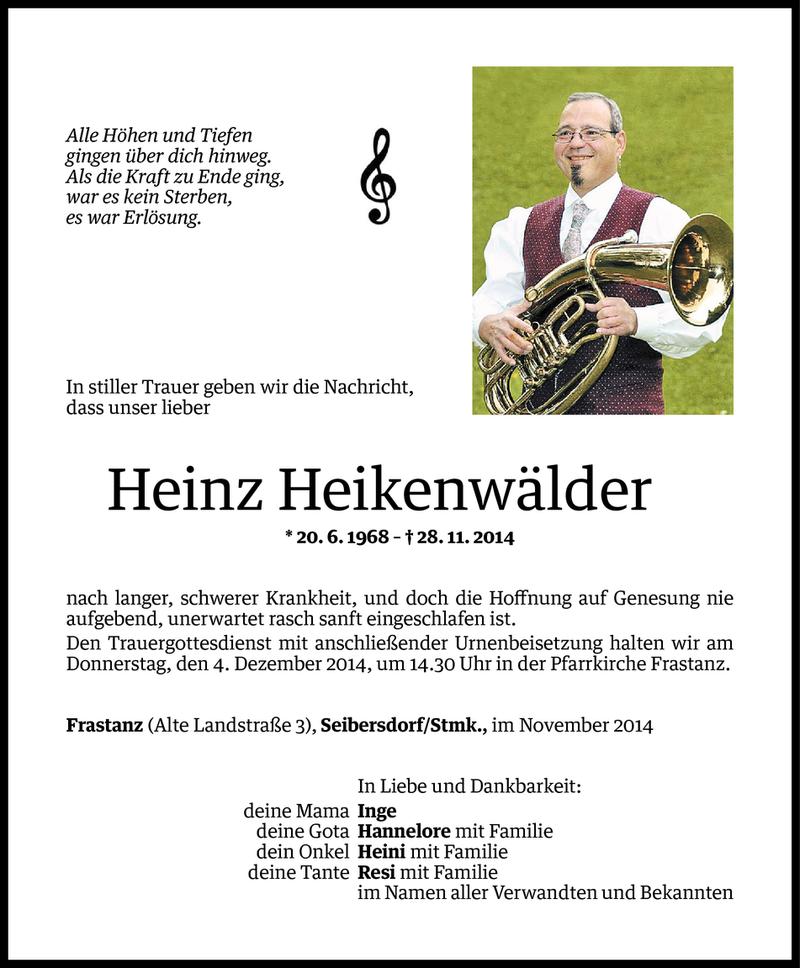  Todesanzeige für Heinz Heikenwälder vom 01.12.2014 aus Vorarlberger Nachrichten